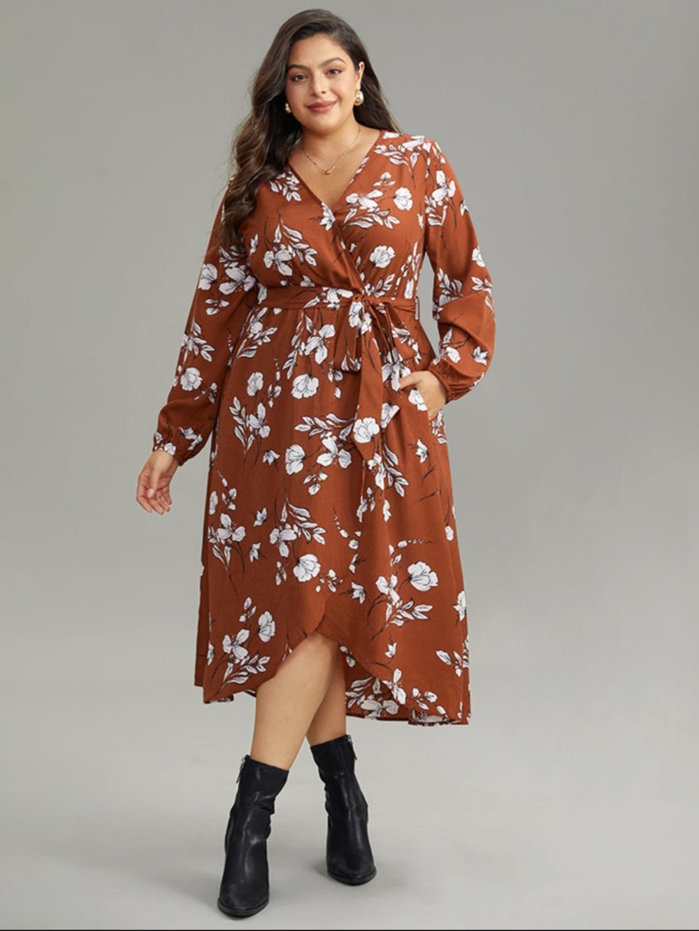 NWT BloomChic Size 30 Floral Print Rust Wrap Hem Dress Long Lantern Sleeves